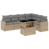 7 Piece Garden Sofa Set with Cushions Beige Poly Rattan - Front View