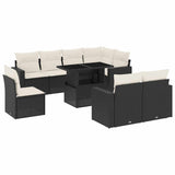 9 Piece Garden Sofa Set with Cushions Black Poly Rattan - Front View
