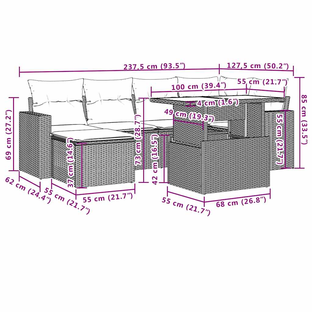 7 Piece Garden Sofa Set with Cushions Black Poly Rattan