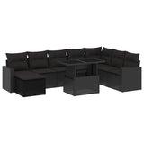 9 Piece Garden Sofa Set with Cushions Black Poly Rattan - Front View
