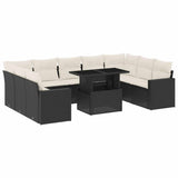 10 Piece Garden Sofa Set with Cushions Black Poly Rattan - Front View