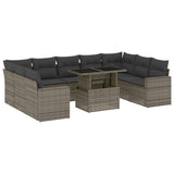 10 Piece Garden Sofa Set with Cushions Grey Poly Rattan - Front View