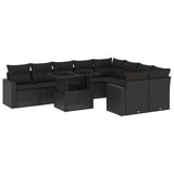 10 Piece Garden Sofa Set with Cushions Black Poly Rattan