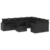 10 Piece Garden Sofa Set with Cushions Black Poly Rattan - Front View
