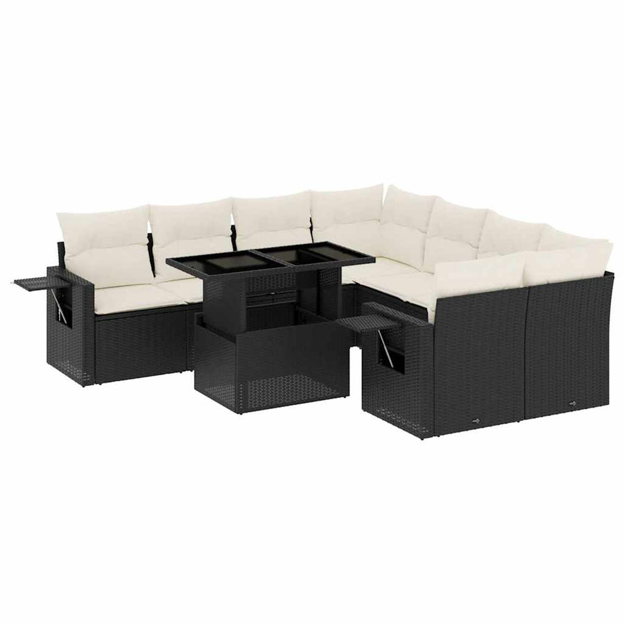 9 Piece Garden Sofa Set with Cushions Black Poly Rattan