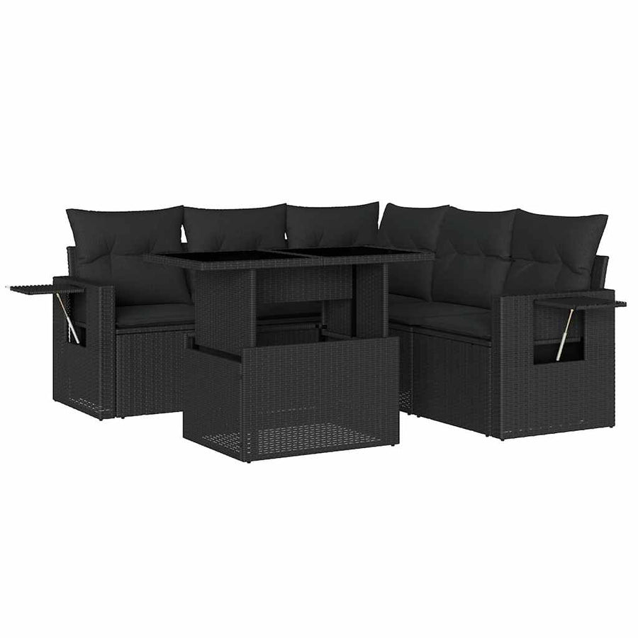 6 Piece Garden Sofa Set with Cushions Black Poly Rattan