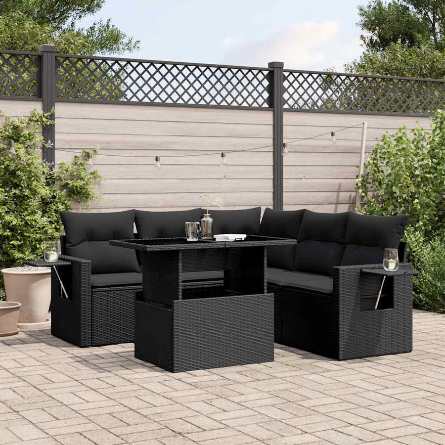 6 Piece Garden Sofa Set with Cushions Black Poly Rattan