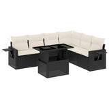 7 Piece Garden Sofa Set with Cushions Black Poly Rattan - Front View