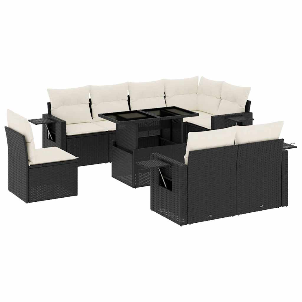 9 Piece Garden Sofa Set with Cushions Black Poly Rattan