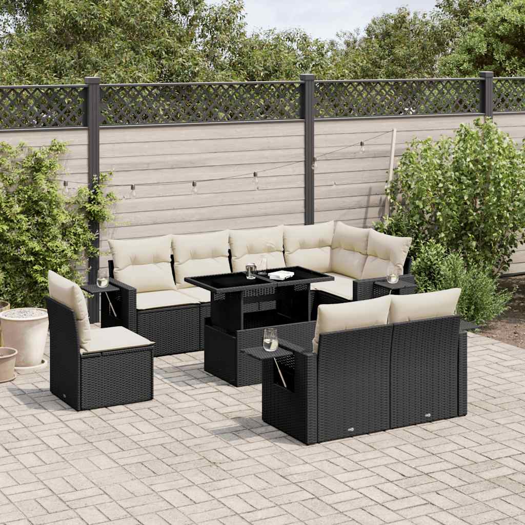 9 Piece Garden Sofa Set with Cushions Black Poly Rattan