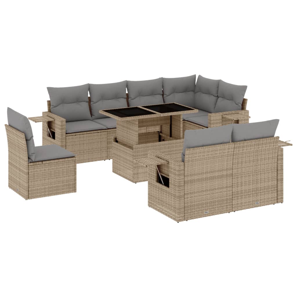 9 Piece Garden Sofa Set with Cushions Beige Poly Rattan