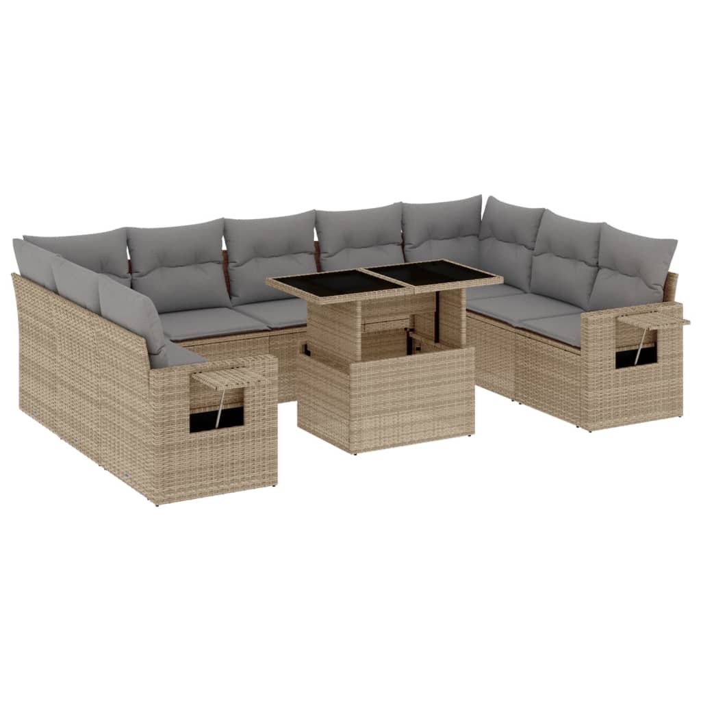 10 Piece Garden Sofa Set with Cushions Beige Poly Rattan