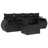 5 Piece Garden Sofa Set with Cushions Black Poly Rattan - Front View