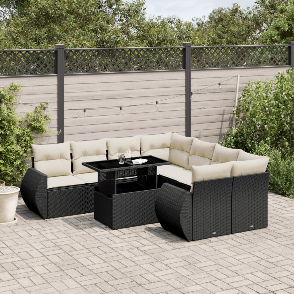 9 Piece Garden Sofa Set with Cushions Black Poly Rattan