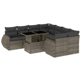 9 Piece Garden Sofa Set with Cushions Grey Poly Rattan - Front View