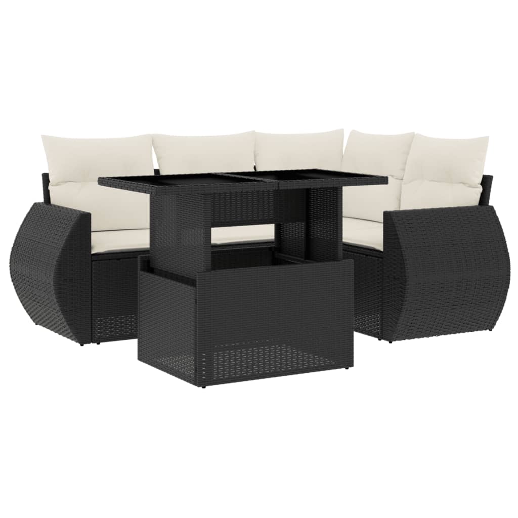 5 Piece Garden Sofa Set with Cushions Black Poly Rattan
