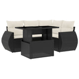 5 Piece Garden Sofa Set with Cushions Black Poly Rattan - Front View