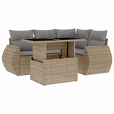 5 Piece Garden Sofa Set with Cushions Beige Poly Rattan - Front View