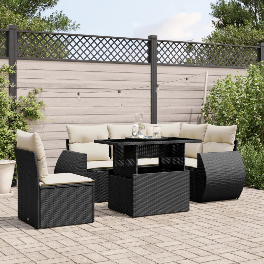 6 Piece Garden Sofa Set with Cushions Black Poly Rattan