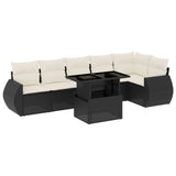 7 Piece Garden Sofa Set with Cushions Black Poly Rattan - Front View