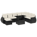 9 Piece Garden Sofa Set with Cushions Black Poly Rattan - Front View