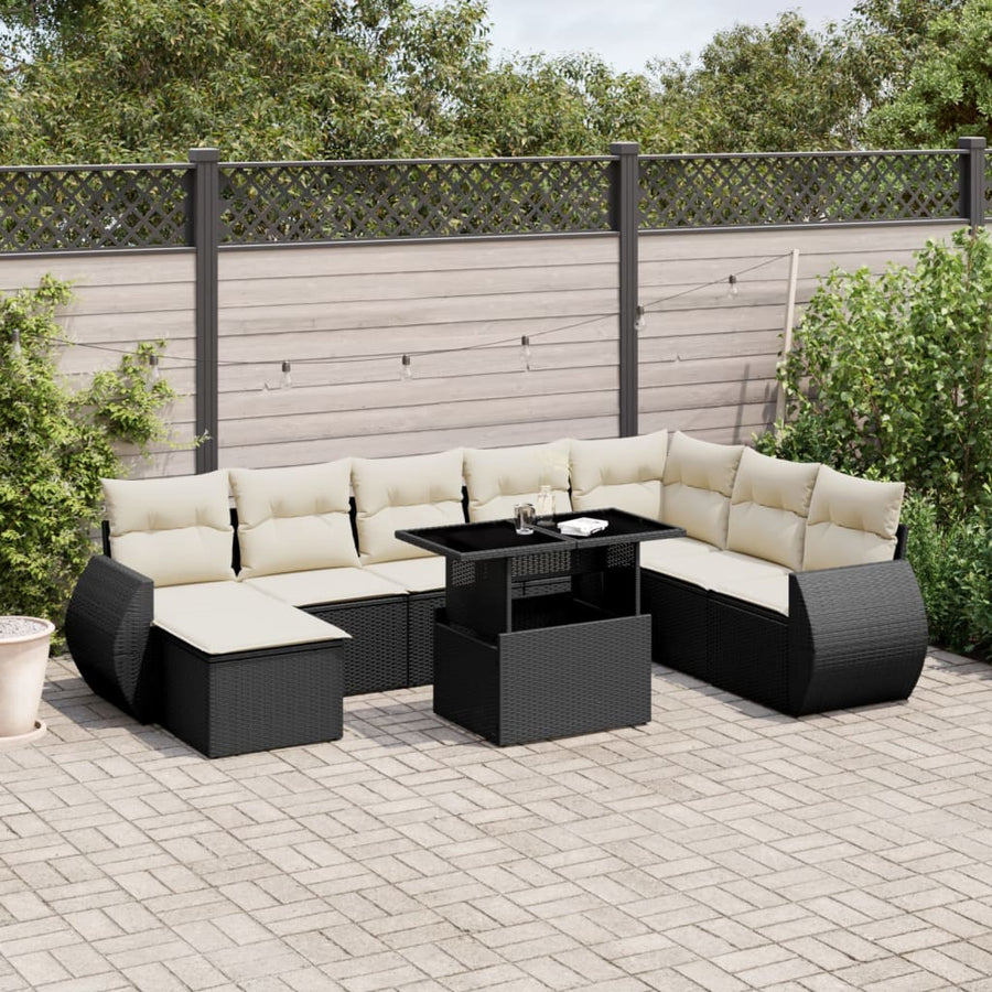 9 Piece Garden Sofa Set with Cushions Black Poly Rattan