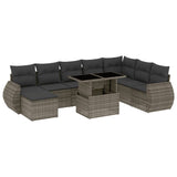 9 Piece Garden Sofa Set with Cushions Grey Poly Rattan - Front View