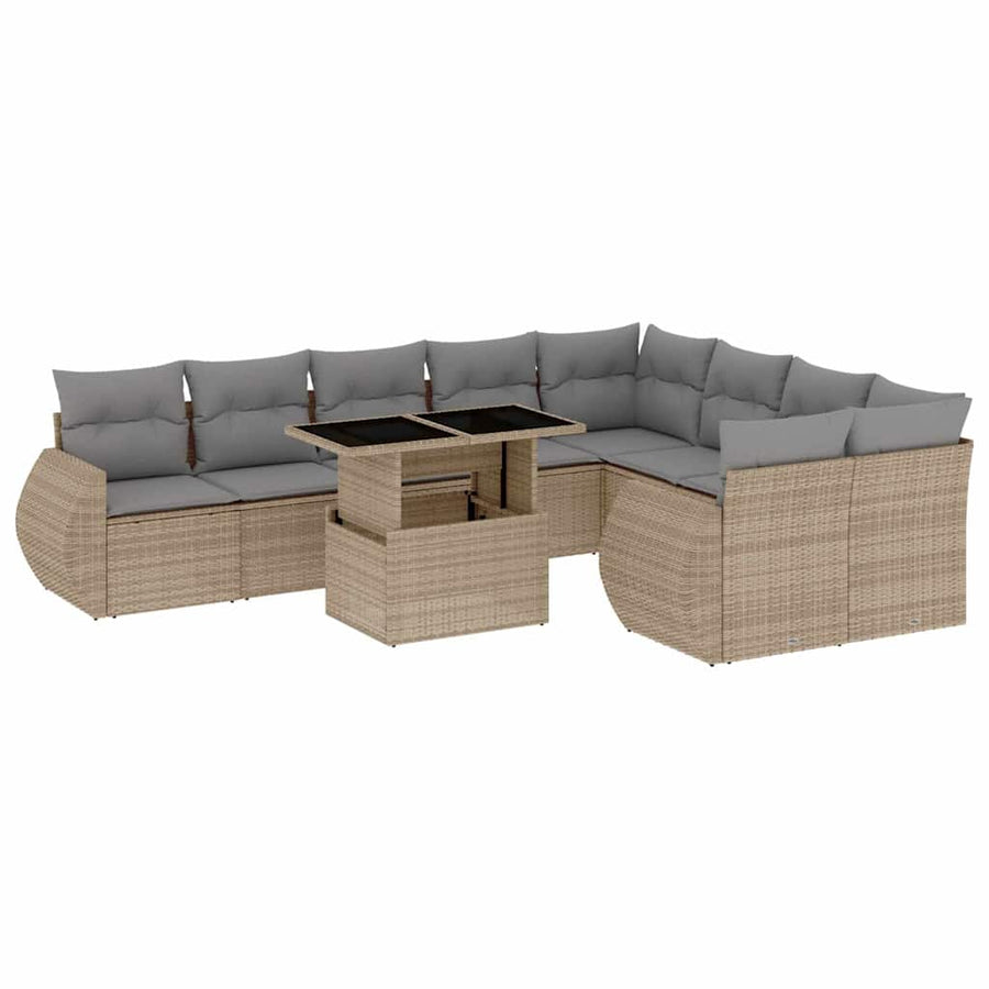10 Piece Garden Sofa Set with Cushions Beige Poly Rattan