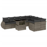 10 Piece Garden Sofa Set with Cushions Grey Poly Rattan - Front View