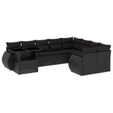 10 Piece Garden Sofa Set with Cushions Black Poly Rattan - Front View