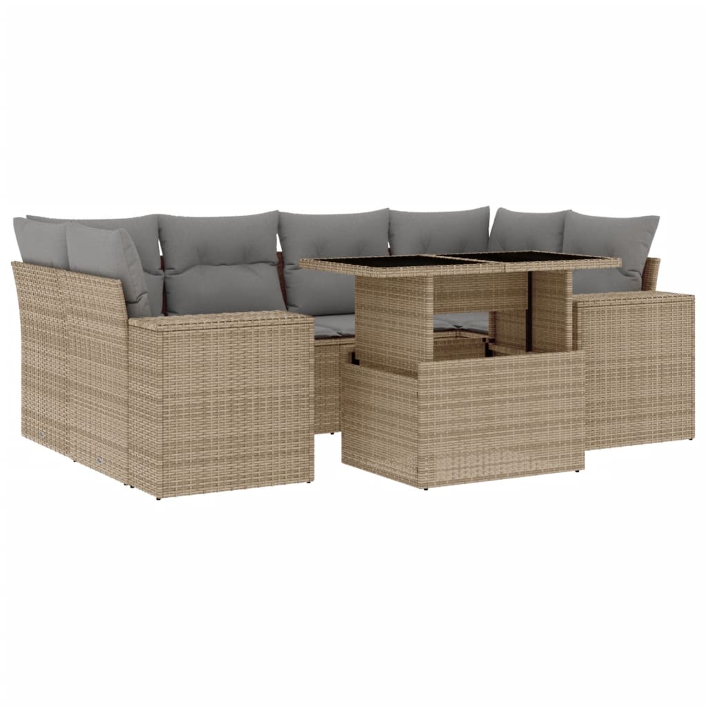 7 Piece Garden Sofa Set with Cushions Beige Poly Rattan