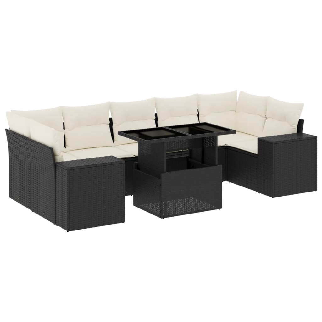 8 Piece Garden Sofa Set with Cushions Black Poly Rattan