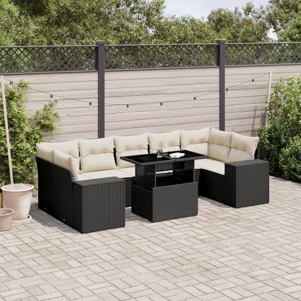 8 Piece Garden Sofa Set with Cushions Black Poly Rattan