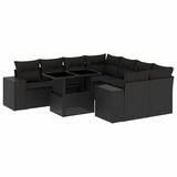 9 Piece Garden Sofa Set with Cushions Black Poly Rattan - Front View