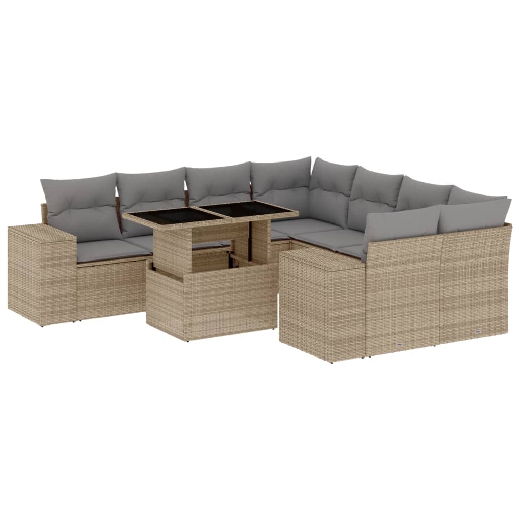 9 Piece Garden Sofa Set with Cushions Beige Poly Rattan