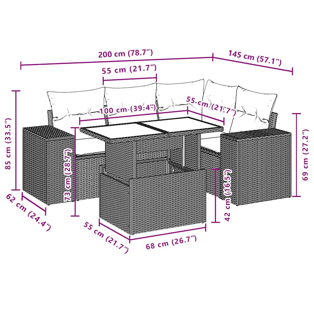 5 Piece Garden Sofa Set with Cushions Black Poly Rattan