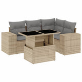 5 Piece Garden Sofa Set with Cushions Beige Poly Rattan - Front View