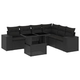 7 Piece Garden Sofa Set with Cushions Black Poly Rattan - Front View