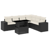 7 Piece Garden Sofa Set with Cushions Black Poly Rattan - Front View