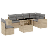 7 Piece Garden Sofa Set with Cushions Beige Poly Rattan - Front View