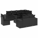9 Piece Garden Sofa Set with Cushions Black Poly Rattan - Front View