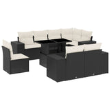 9 Piece Garden Sofa Set with Cushions Black Poly Rattan - Front View