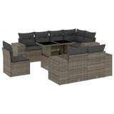 9 Piece Garden Sofa Set with Cushions Grey Poly Rattan - Front View