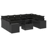 10 Piece Garden Sofa Set with Cushions Black Poly Rattan - Front View