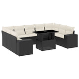 10 Piece Garden Sofa Set with Cushions Black Poly Rattan - Front View