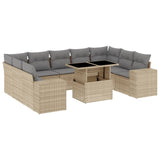 10 Piece Garden Sofa Set with Cushions Beige Poly Rattan - Front View