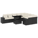 10 Piece Garden Sofa Set with Cushions Black Poly Rattan - Front View