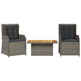3 Piece Garden Lounge Set with Cushions Grey Poly Rattan - Front View