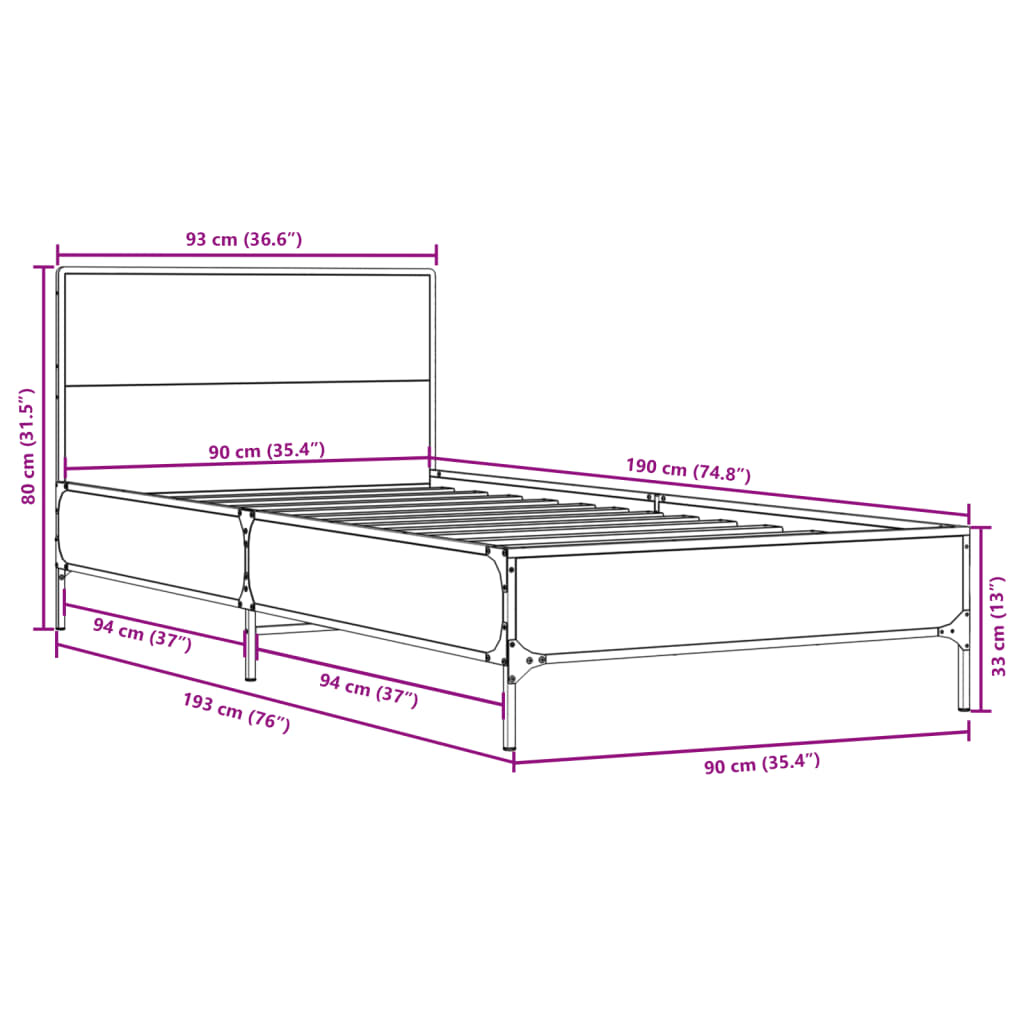 Bed Frame without Mattress Black 90x190 cm