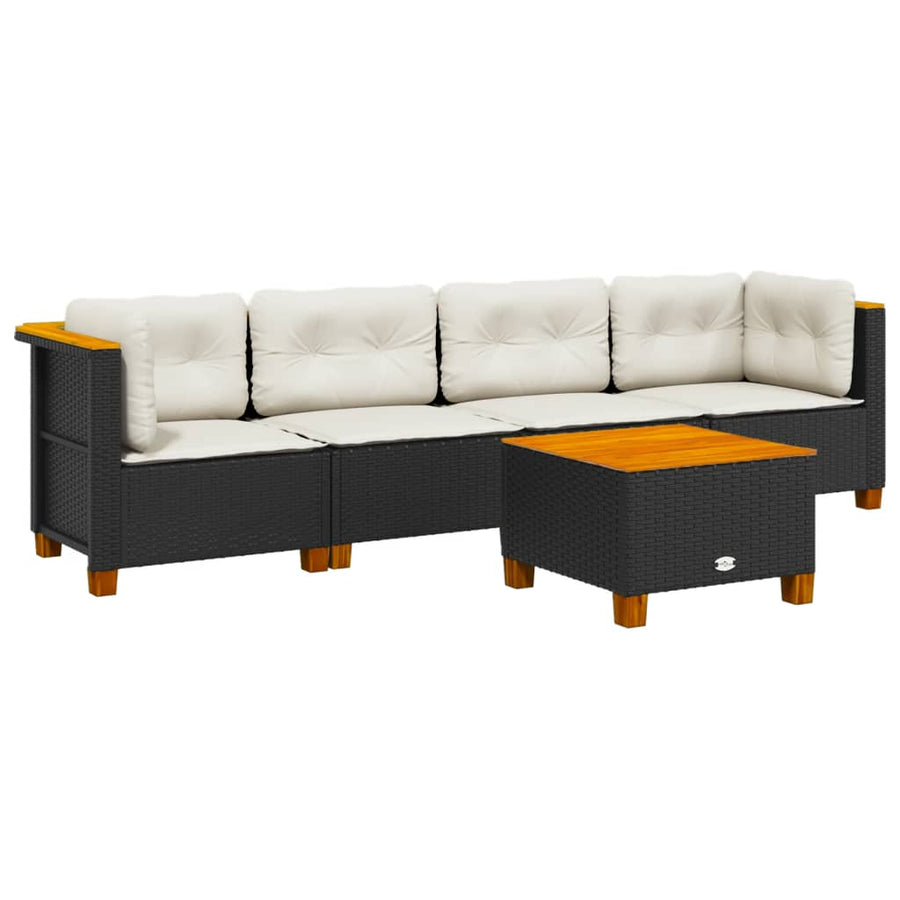 5 Piece Garden Sofa Set with Cushions Black Poly Rattan